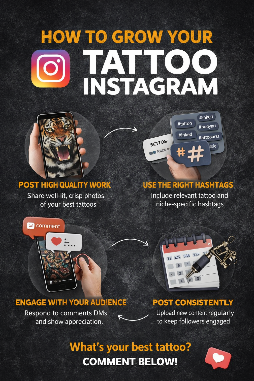Tattoo artist photographing healed tattoo result for Instagram portfolio — social media growth for tattoo artists
