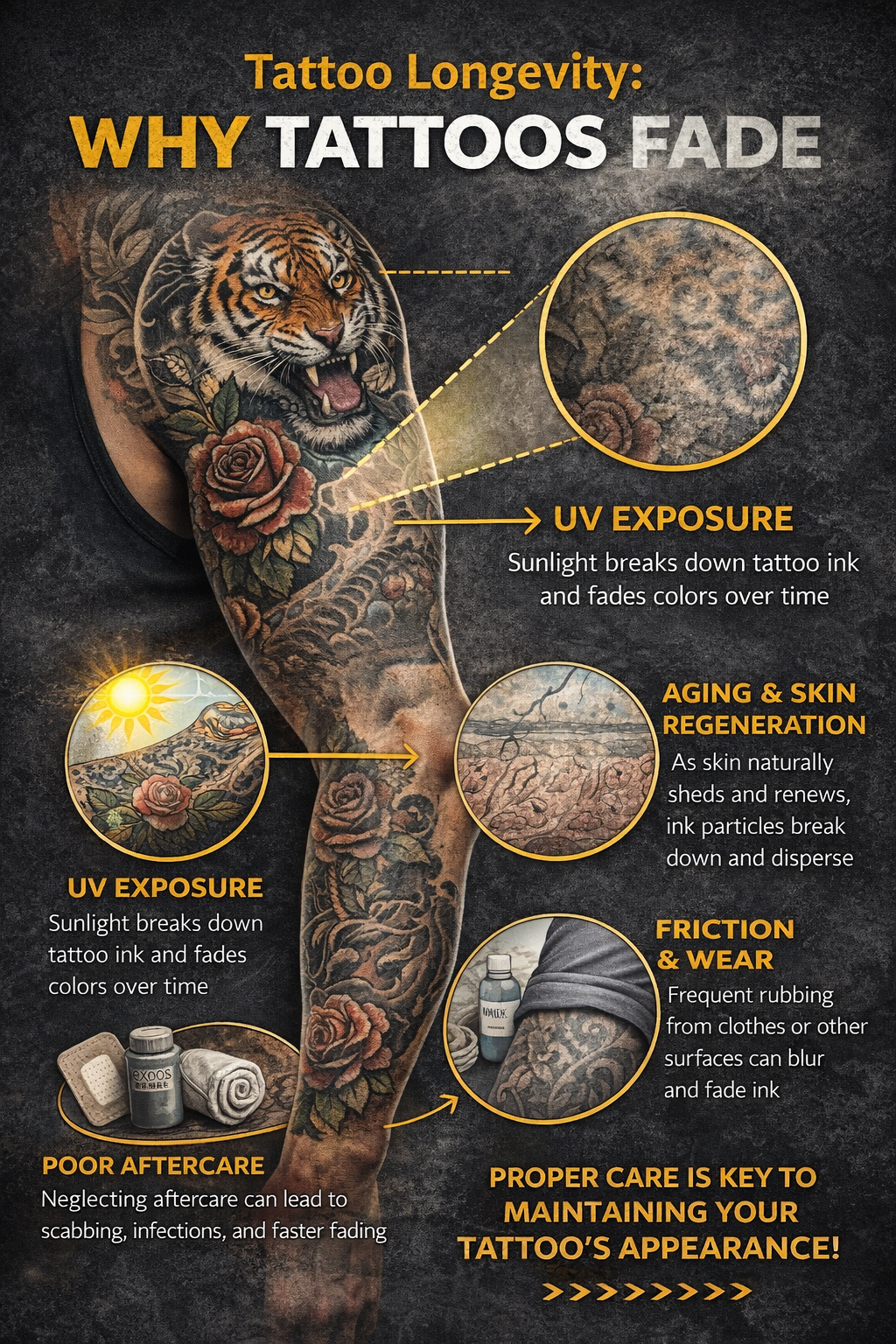 Side-by-side comparison of fresh and healed tattoo showing ink longevity and natural fading over time