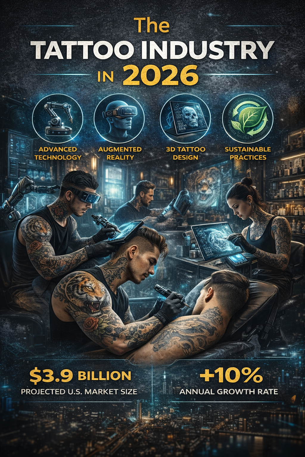Professional tattoo studio interior showing tattooed client and artist — tattoo industry growth and market trends 2026