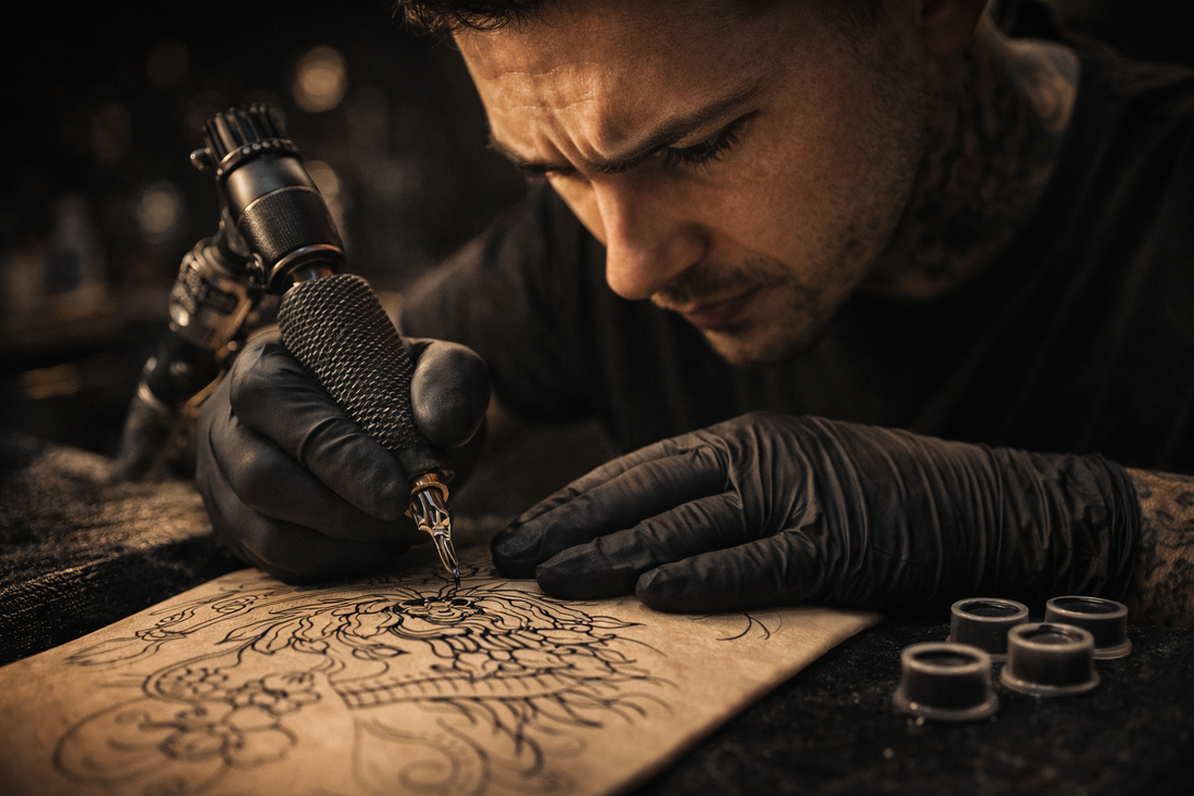 Black and grey tattoo versus colour tattoo comparison — tattoo artist shading technique on skin