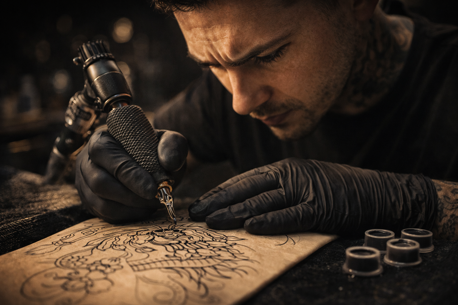 Black and grey tattoo versus colour tattoo comparison — tattoo artist shading technique on skin