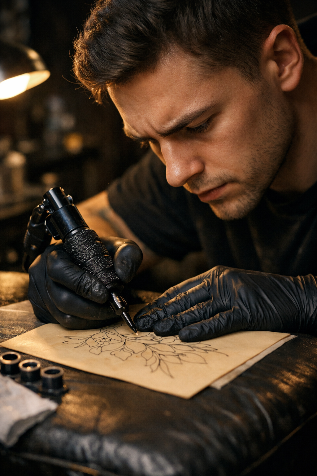 Beginner tattoo artist practicing linework on fake skin with a rotary tattoo machine