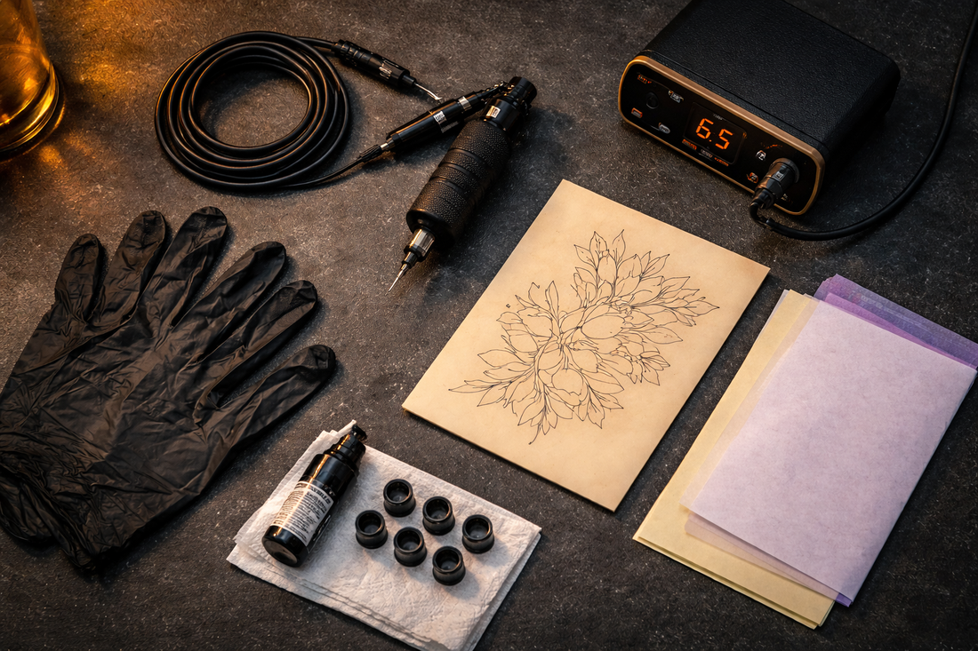 Tattoo artist learning to tattoo for the first time — practice skin, machine setup and stencil application guide