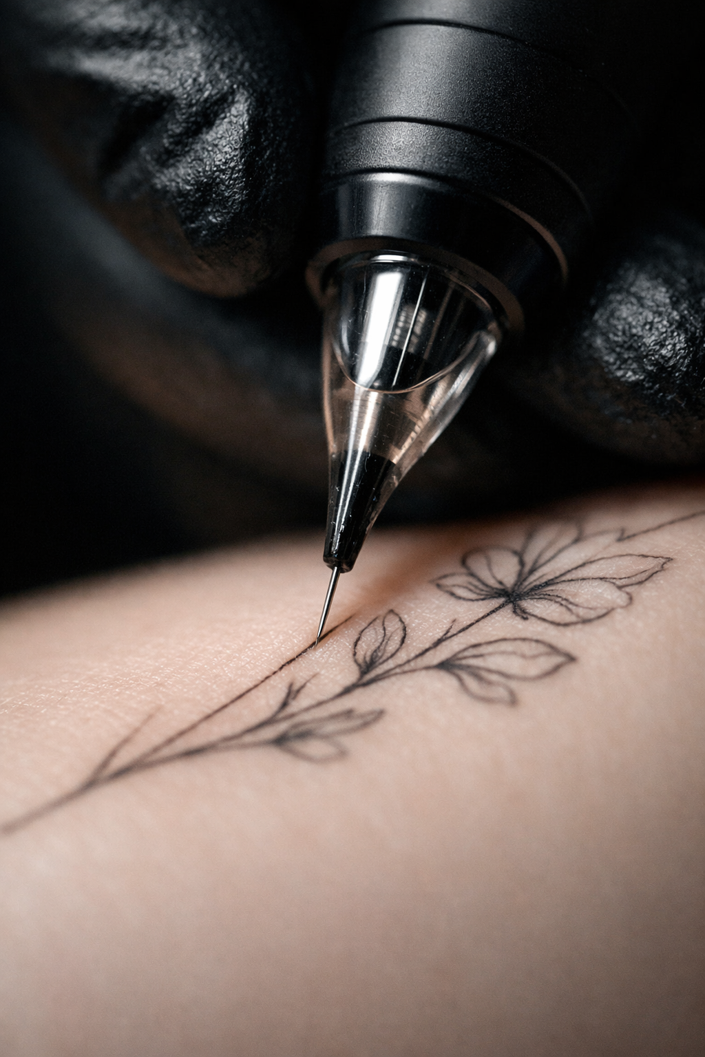 Fine line tattoo artist working with single needle on delicate botanical design — precision linework technique